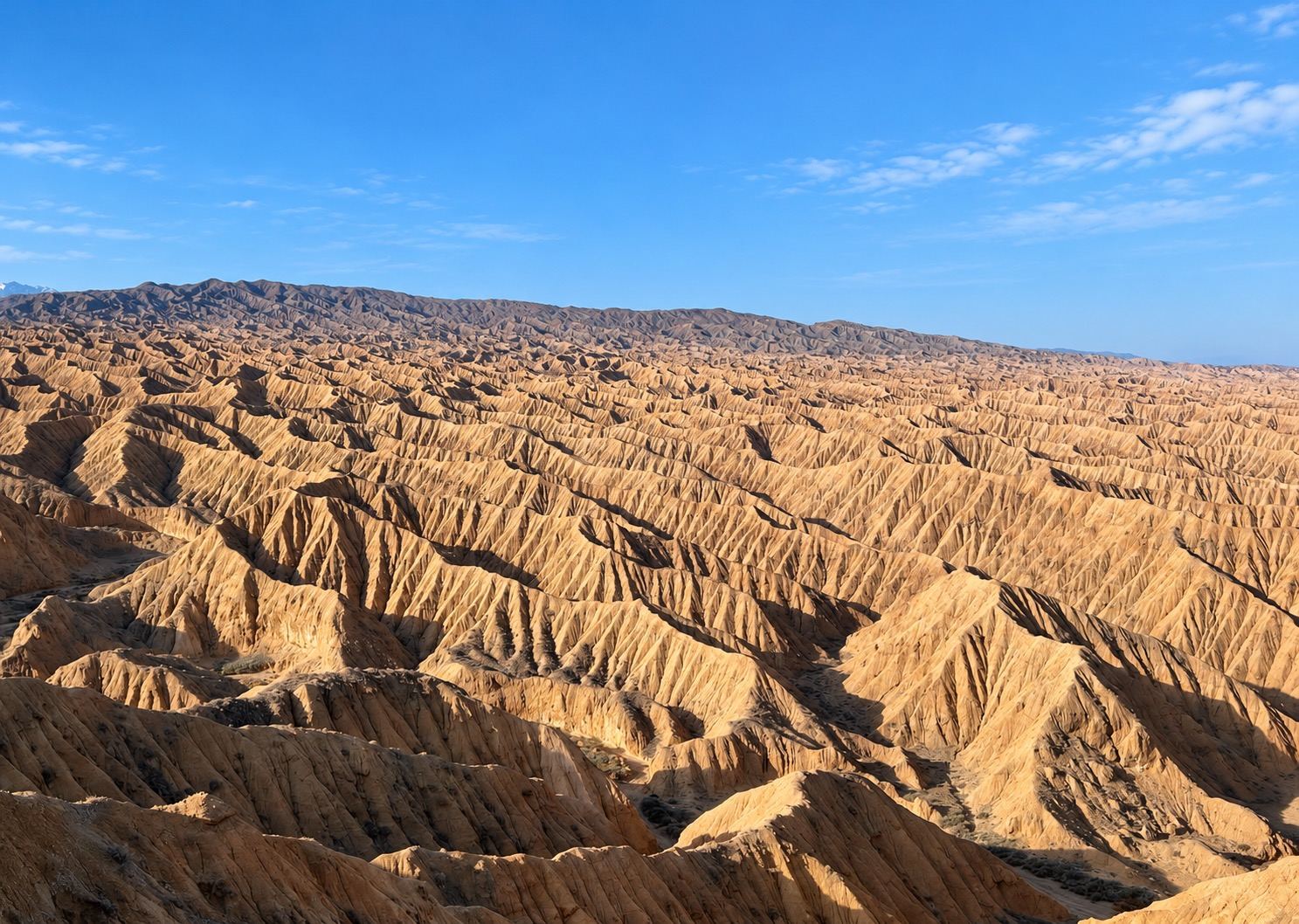 Endless eroded canyon ridges near Issyk-Kul under a clear blue sky