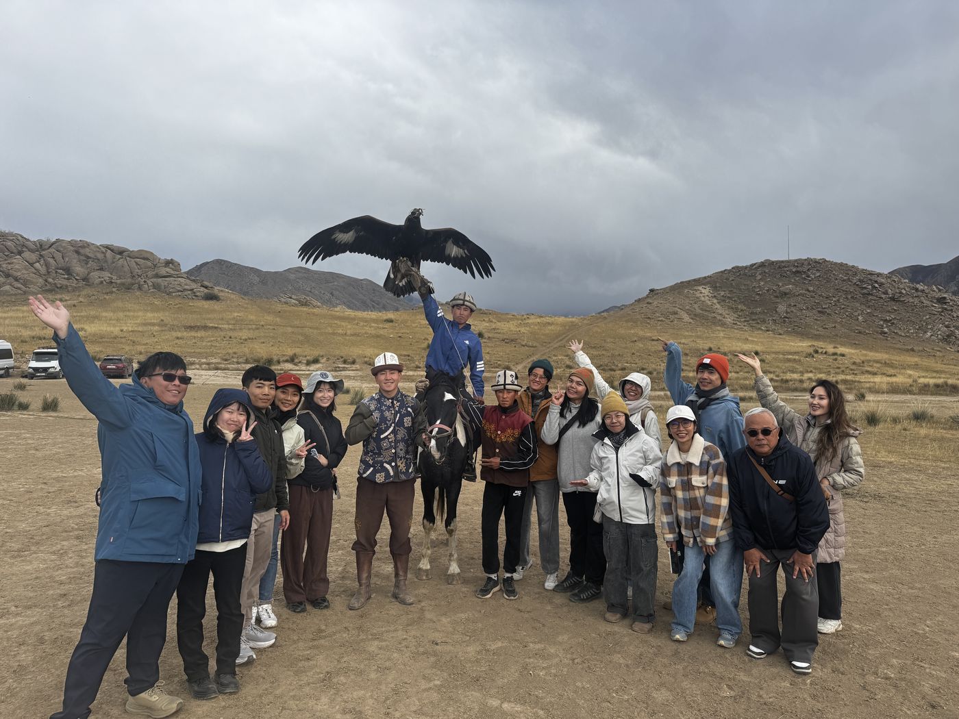 Our group with an eagle hunter and his golden eagle