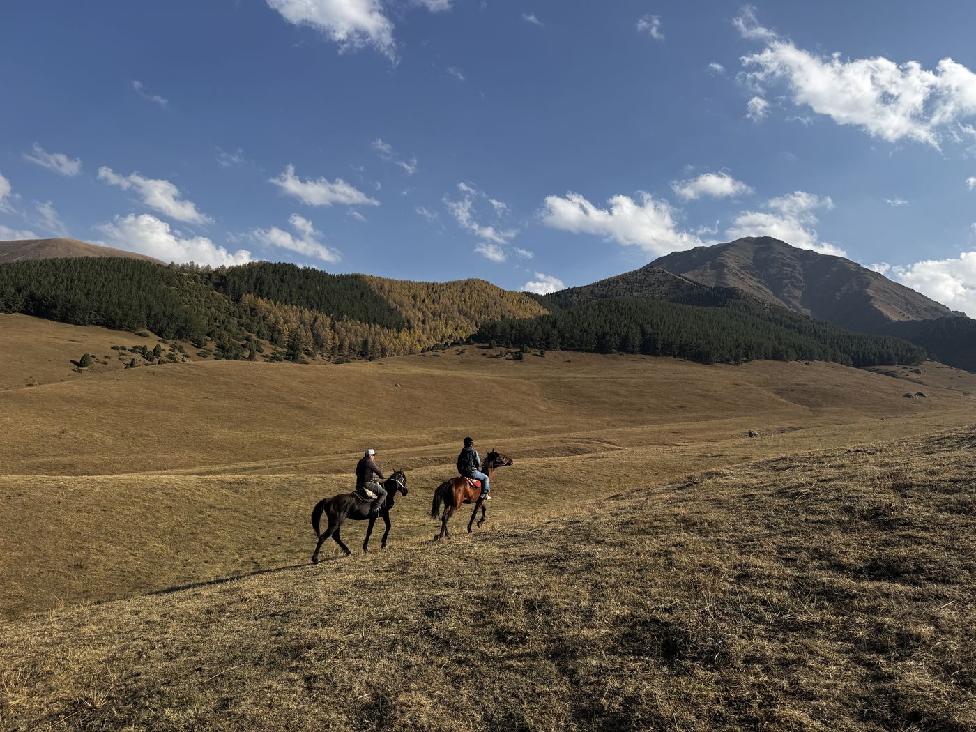 Two riders crossing an autumn hillside